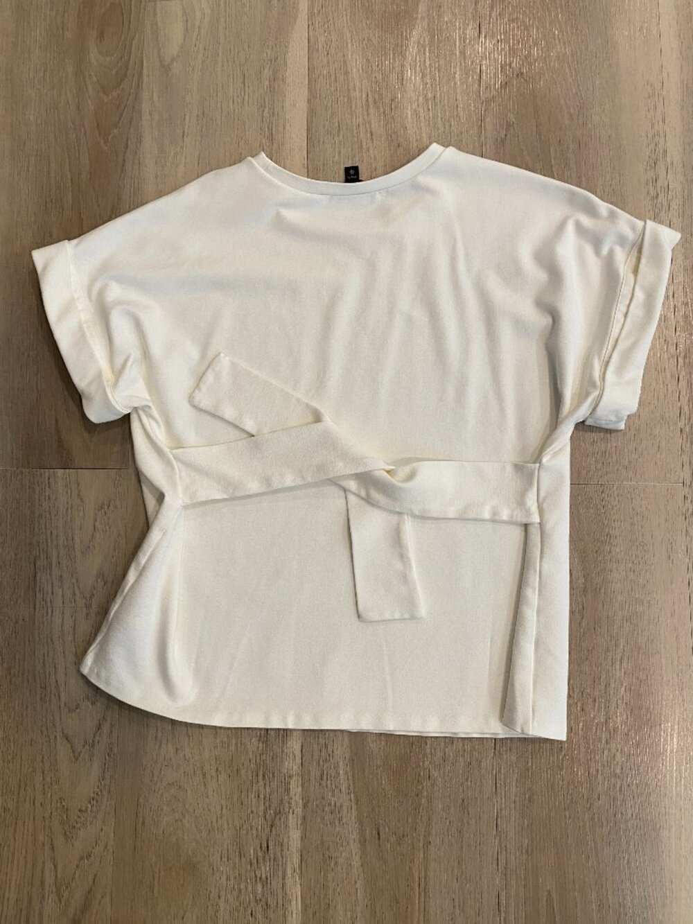 Express White Tie Waist Top XS | Belted Blouse Thick Stretch Knit Short Sleeve